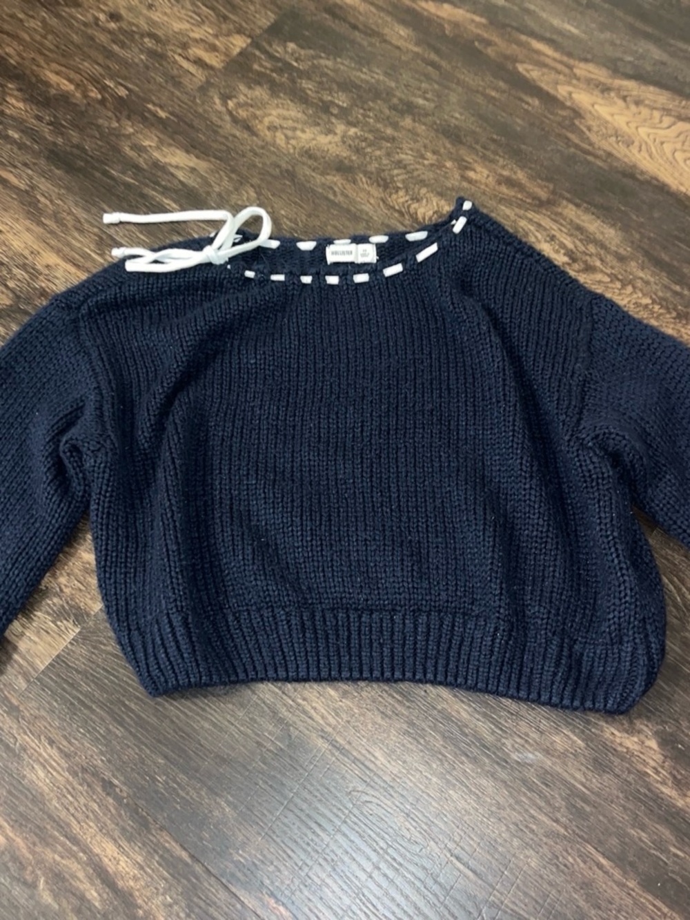 Hollister Navy Knit Crewneck Sweater with White Tie